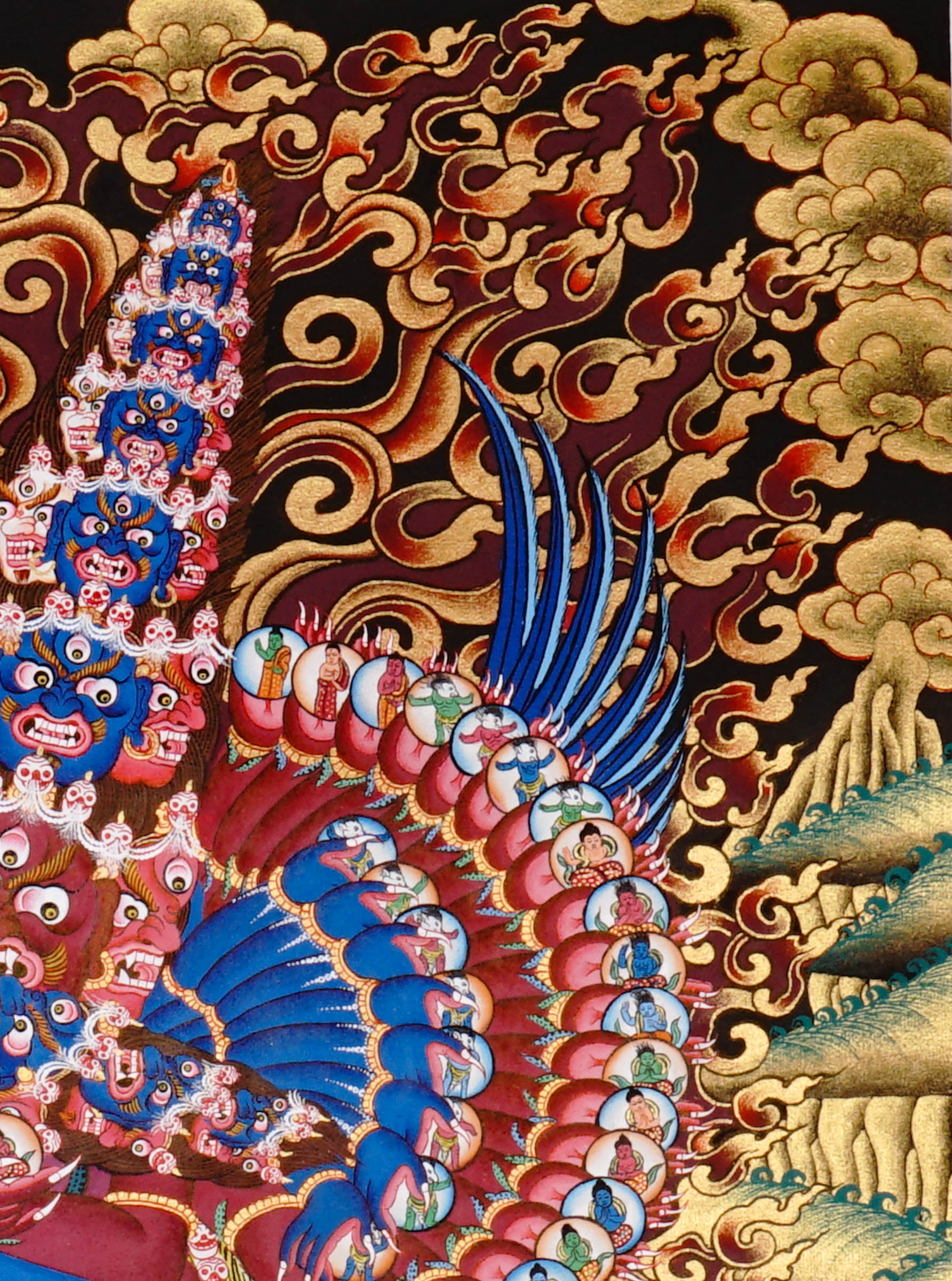 Heruka Thangka painting with multi-faced wrathful deity, flame halo, lotus base, and Tibetan Buddhist tantric symbolism