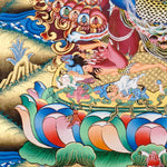 Heruka Thangka painting with multi-faced wrathful deity, flame halo, lotus base, and Tibetan Buddhist tantric symbolism