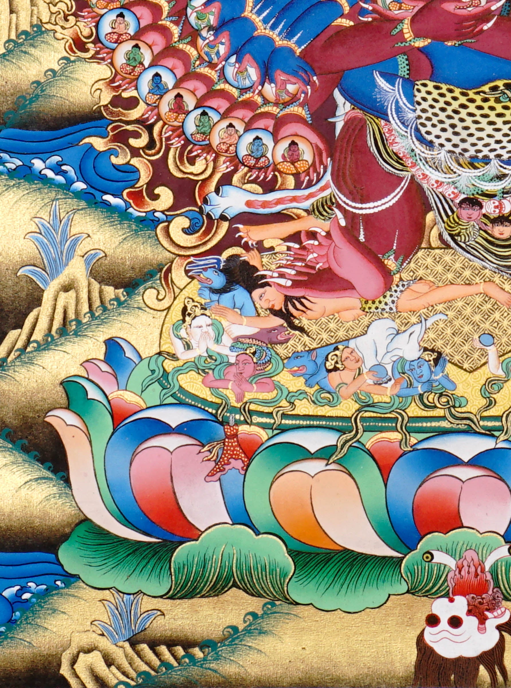Heruka Thangka painting with multi-faced wrathful deity, flame halo, lotus base, and Tibetan Buddhist tantric symbolism