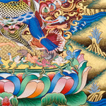 Heruka Thangka painting with multi-faced wrathful deity, flame halo, lotus base, and Tibetan Buddhist tantric symbolism