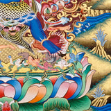 Heruka Thangka painting with multi-faced wrathful deity, flame halo, lotus base, and Tibetan Buddhist tantric symbolism