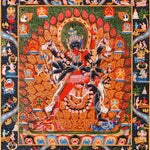 Kalachakra thangka painting Tibetan wrathful deity with multiple arms in intricate mandala style composition
