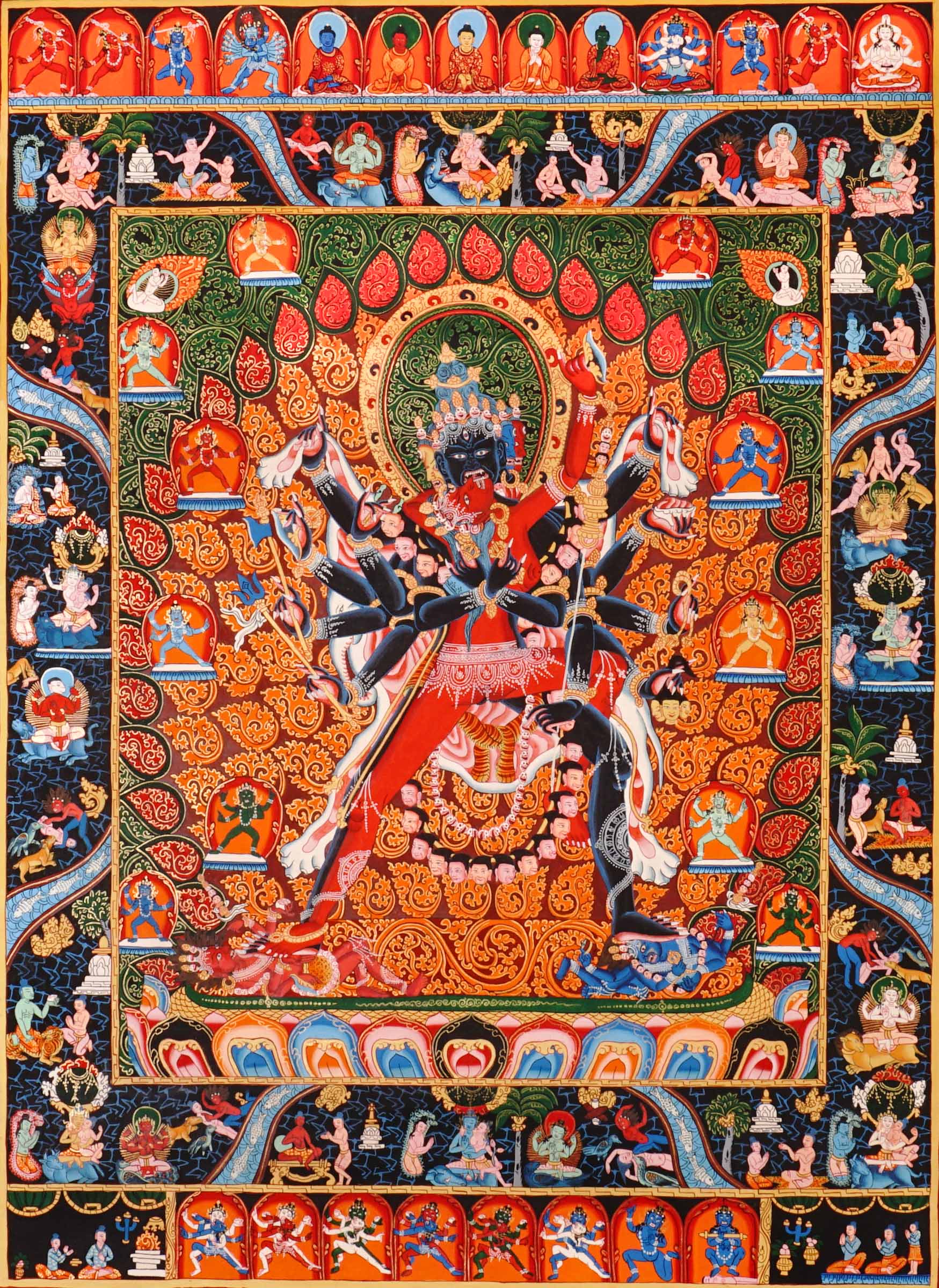 Kalachakra thangka painting Tibetan wrathful deity with multiple arms in intricate mandala style composition