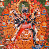 Kalachakra thangka painting Tibetan wrathful deity with multiple arms in intricate mandala style composition