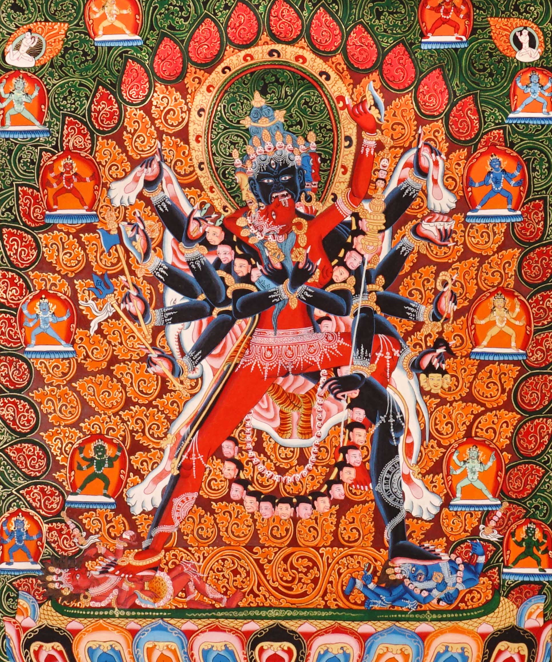 Kalachakra thangka painting Tibetan wrathful deity with multiple arms in intricate mandala style composition