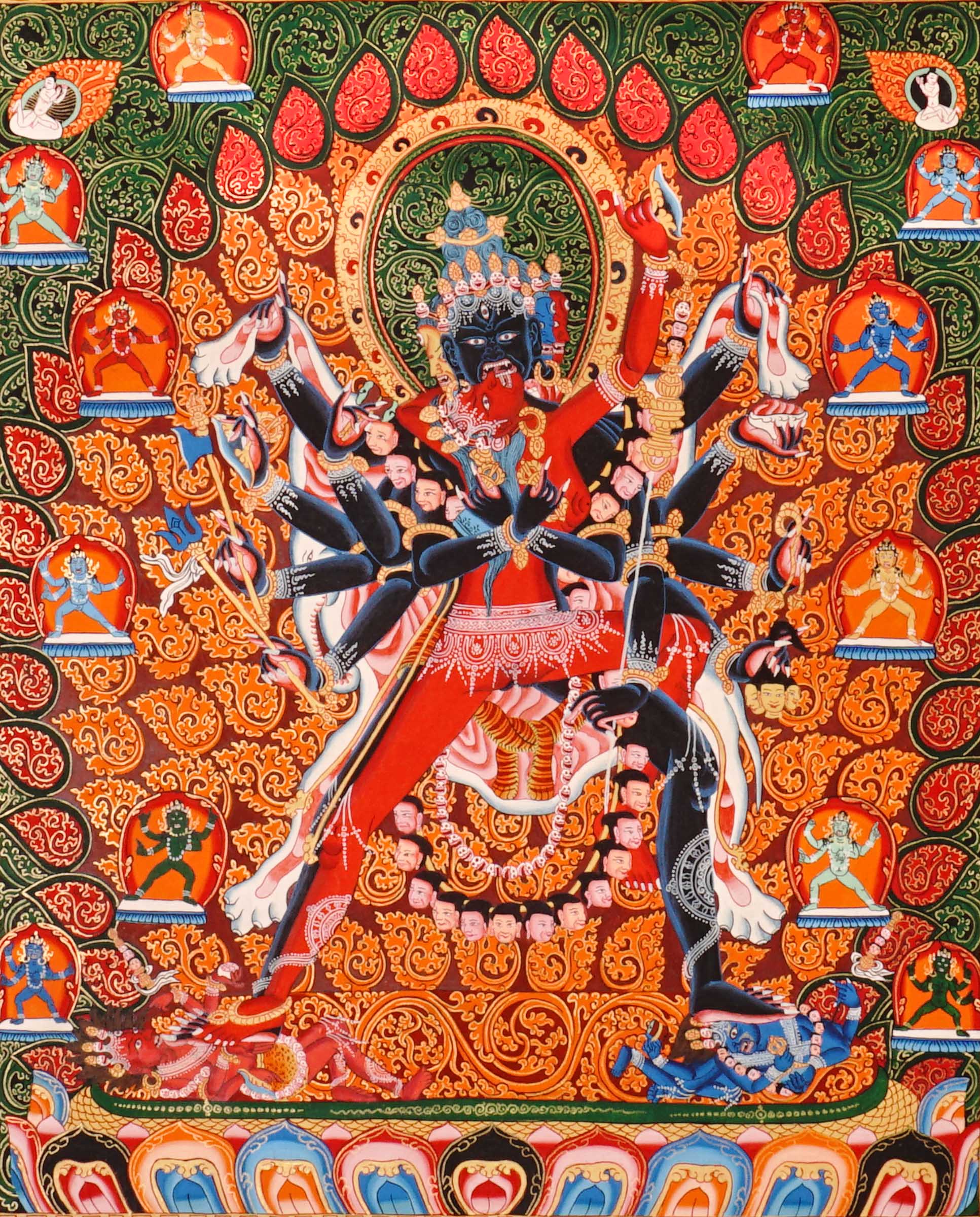 Kalachakra thangka painting Tibetan wrathful deity with multiple arms in intricate mandala style composition