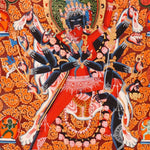 Kalachakra thangka painting Tibetan wrathful deity with multiple arms in intricate mandala style composition