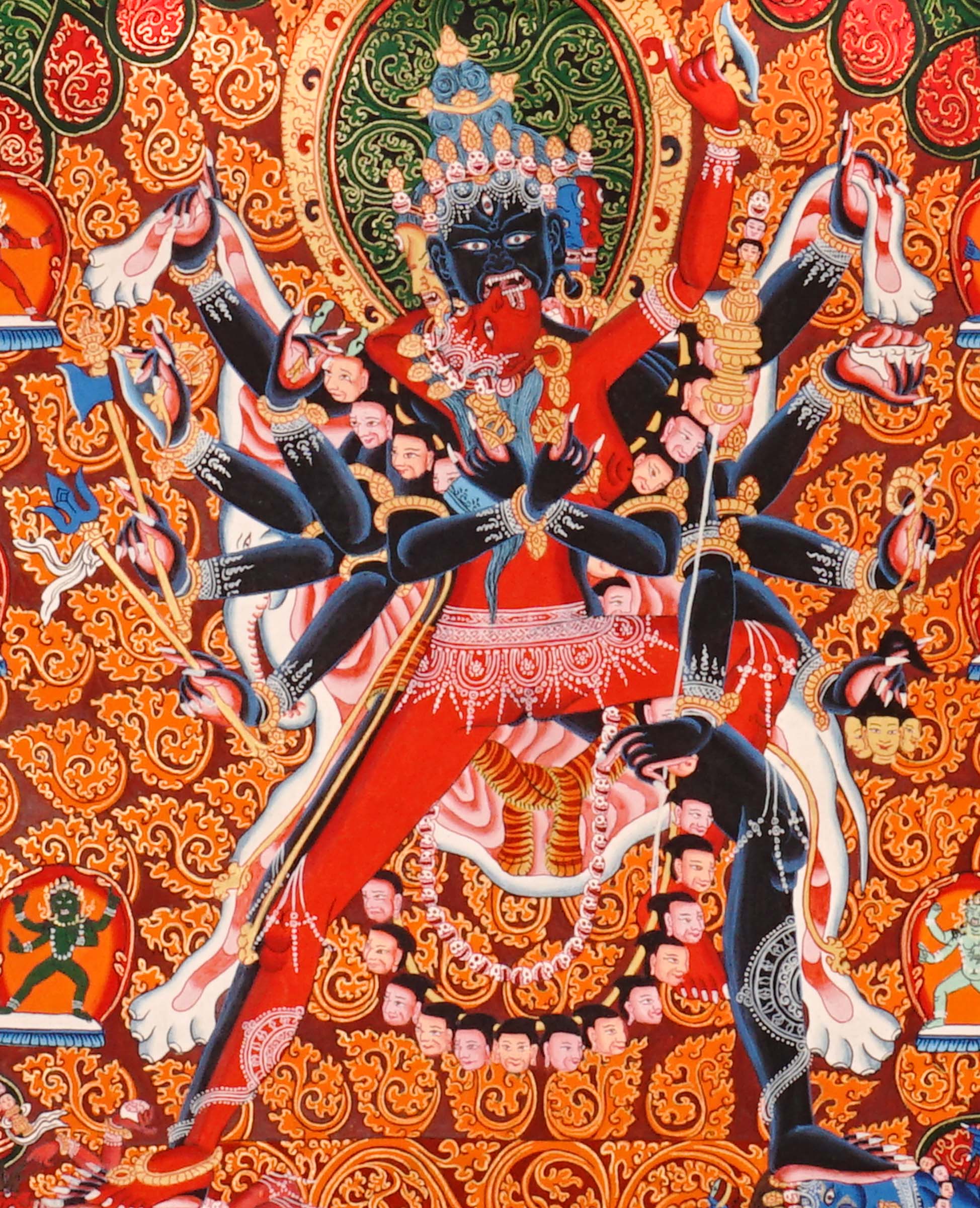 Kalachakra thangka painting Tibetan wrathful deity with multiple arms in intricate mandala style composition