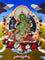 Green Tara thangka painting Tibetan goddess seated on lotus holding blue lotus in detailed traditional composition
