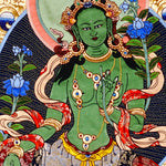 Green Tara thangka painting Tibetan goddess seated on lotus holding blue lotus in detailed traditional composition