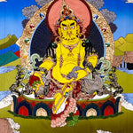 Yellow Zambala thangka painting Tibetan wealth deity seated on lotus holding jewel and mongoose in detailed landscape