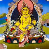 Yellow Zambala thangka painting Tibetan wealth deity seated on lotus holding jewel and mongoose in detailed landscape