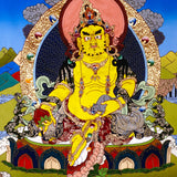 Yellow Zambala thangka painting Tibetan wealth deity seated on lotus holding jewel and mongoose in detailed landscape
