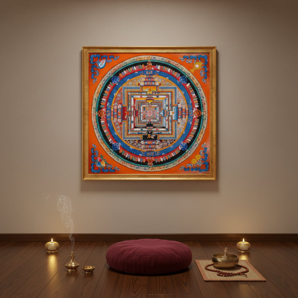  Orange multicolor Kalachakra Mandala Thangka Wheel of Time Sacred art Nepal