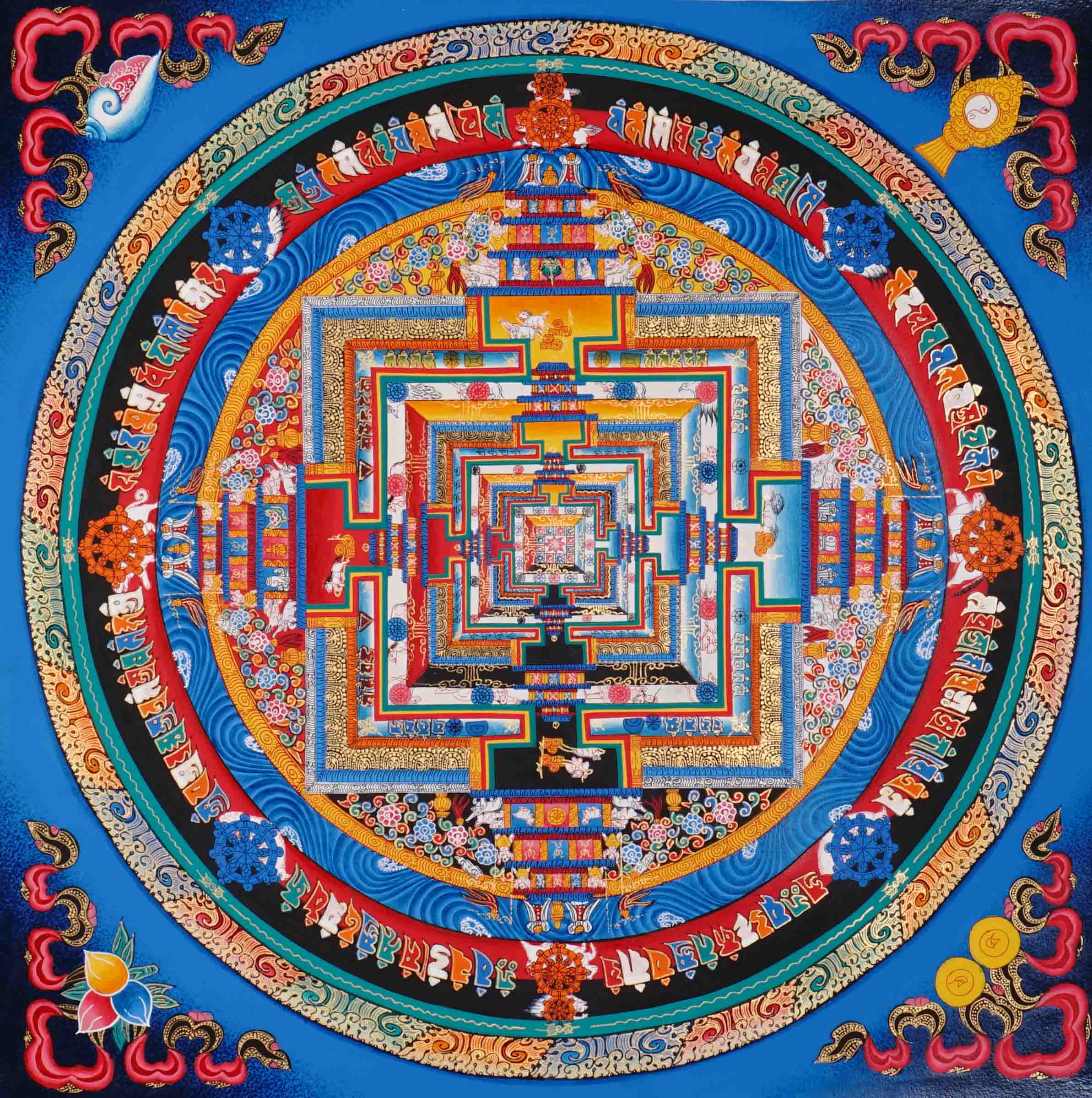 Blue multicolor Kalachakra Mandala Thangka Wheel of Time Himalayan art from Nepal