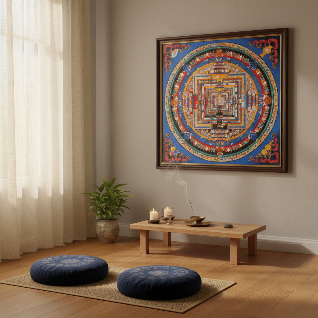 Blue multicolor Kalachakra Mandala Thangka Wheel of Time Himalayan art from Nepal