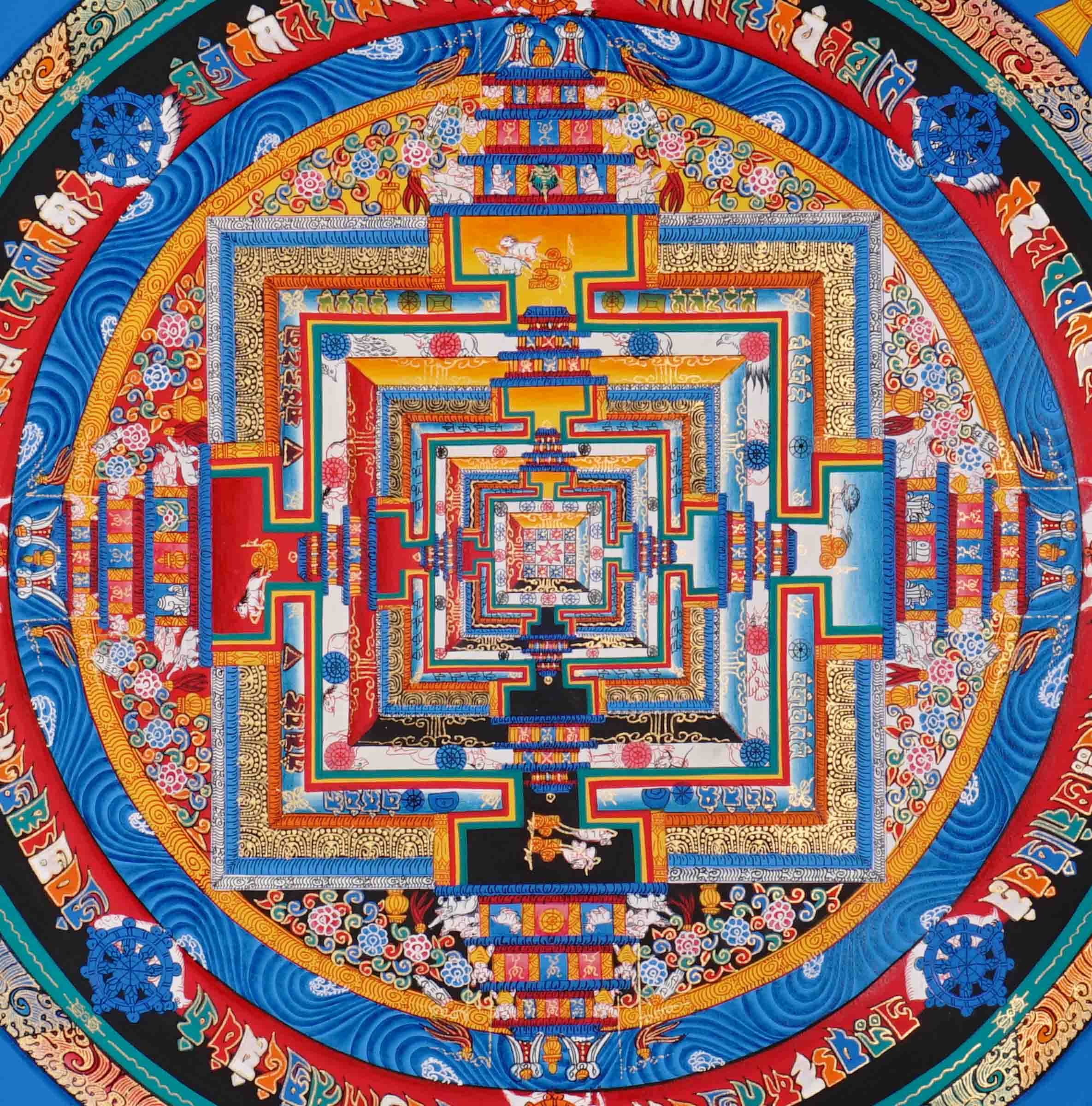 Blue multicolor Kalachakra Mandala Thangka Wheel of Time Himalayan art from Nepal