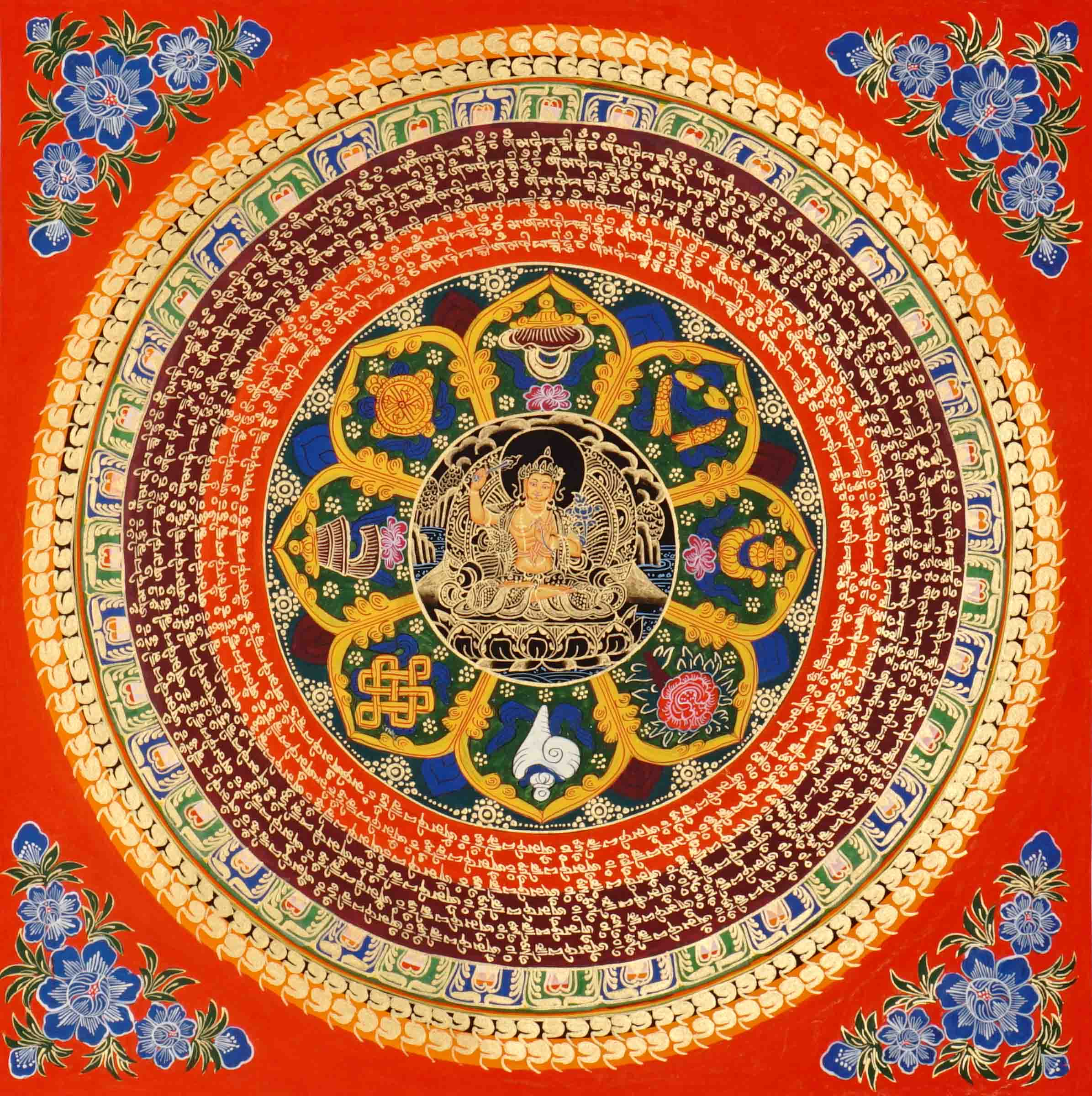 Manjushree Mandala Thangka with mantra circle and lotus design from Nepal