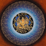Zambhala Mantra Mandala Thangka with Tibetan script and blue background from Nepal