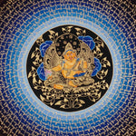 Zambhala Mantra Mandala Thangka with Tibetan script and blue background from Nepal
