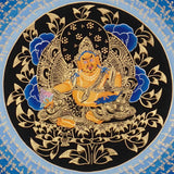 Zambhala Mantra Mandala Thangka with Tibetan script and blue background from Nepal