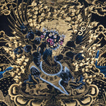 Vajrakilaya Thangka Painting showing Dorje Phurba in a wrathful multi-faced and multi-armed form with ritual implements, flame clouds, lotus base, gold detailing and Himalayan landscape elements.