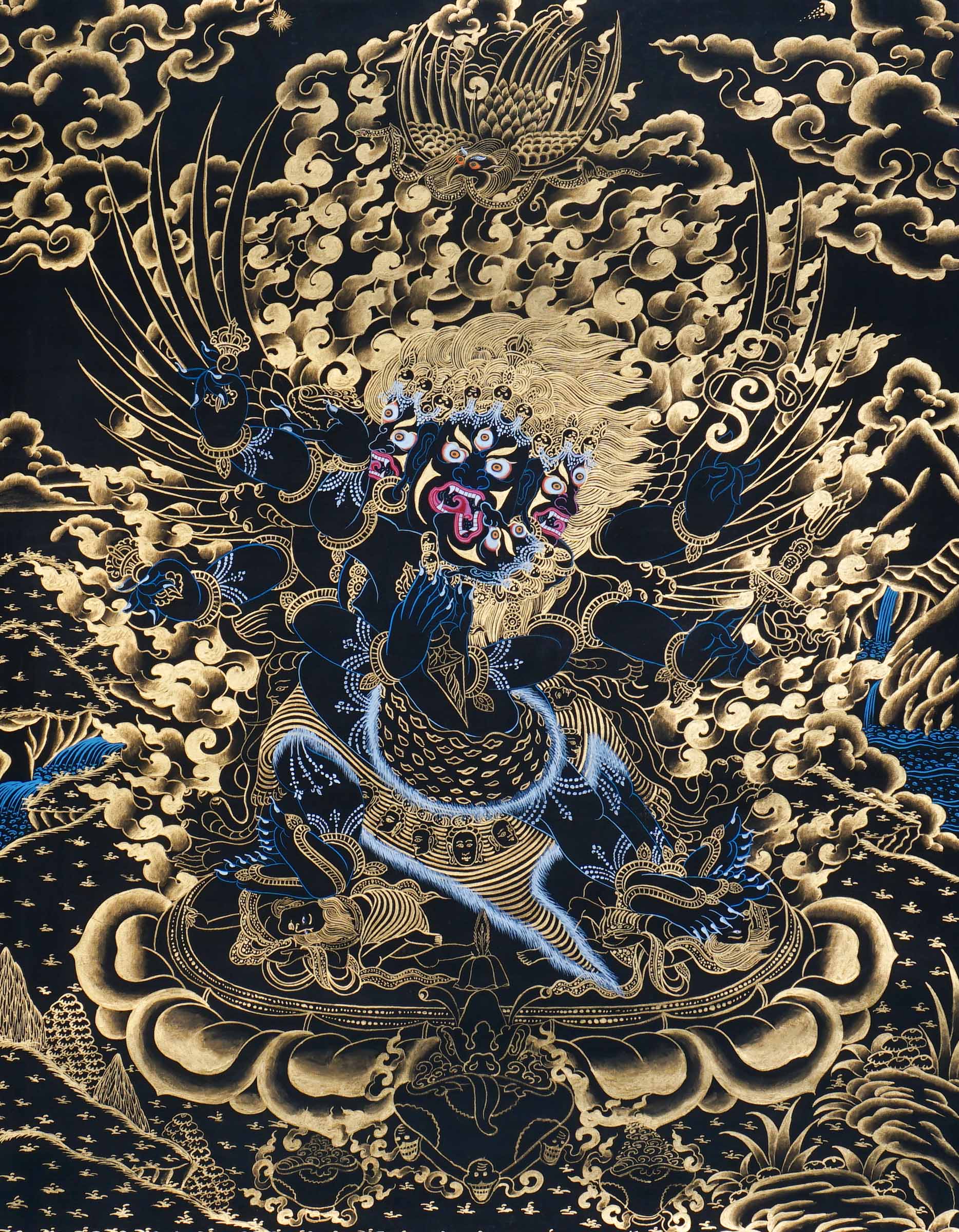 Vajrakilaya Thangka Painting showing Dorje Phurba in a wrathful multi-faced and multi-armed form with ritual implements, flame clouds, lotus base, gold detailing and Himalayan landscape elements.
