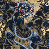 Vajrakilaya Thangka Painting showing Dorje Phurba in a wrathful multi-faced and multi-armed form with ritual implements, flame clouds, lotus base, gold detailing and Himalayan landscape elements.