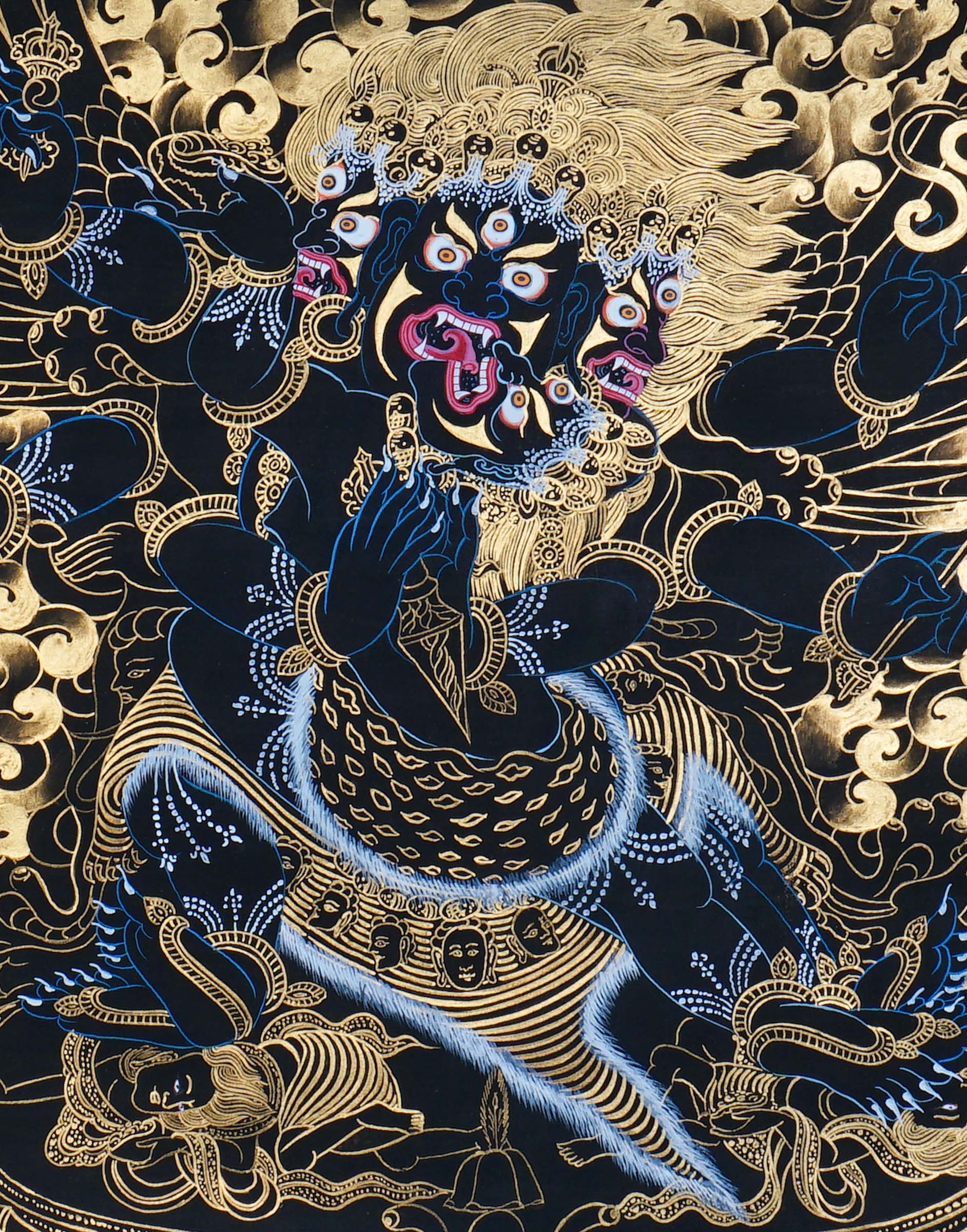 Vajrakilaya Thangka Painting showing Dorje Phurba in a wrathful multi-faced and multi-armed form with ritual implements, flame clouds, lotus base, gold detailing and Himalayan landscape elements.