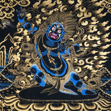 Vajrapani Thangka Painting showing a wrathful Tibetan Buddhist protector deity with multiple faces and arms, ritual implements, gold cloud patterns, flame-like details, lotus base and Himalayan landscape elements