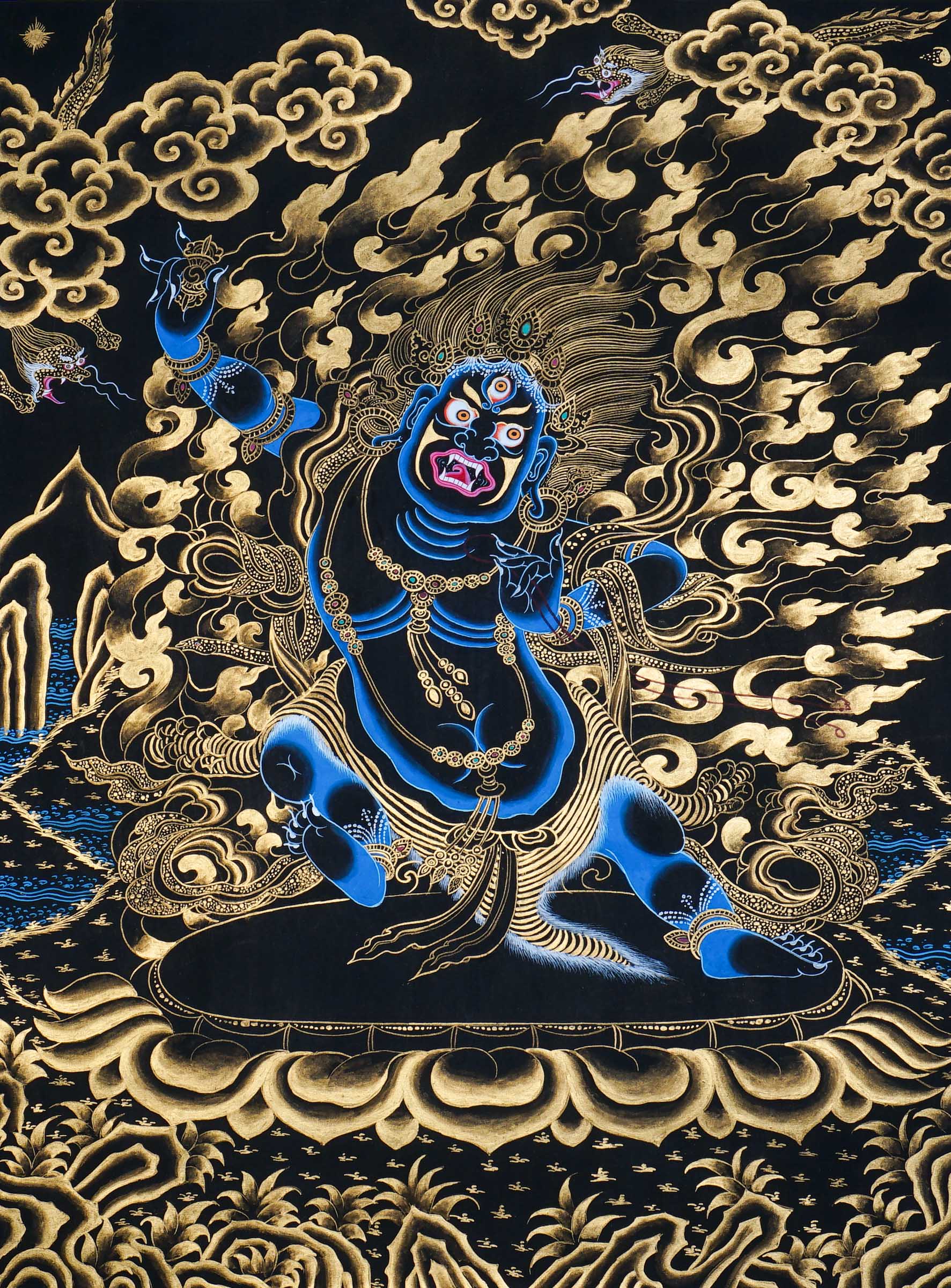 Vajrapani Thangka Painting showing a wrathful Tibetan Buddhist protector deity with multiple faces and arms, ritual implements, gold cloud patterns, flame-like details, lotus base and Himalayan landscape elements
