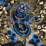 Vajrapani Thangka Painting showing a wrathful Tibetan Buddhist protector deity with multiple faces and arms, ritual implements, gold cloud patterns, flame-like details, lotus base and Himalayan landscape elements