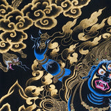 Vajrapani Thangka Painting showing a wrathful Tibetan Buddhist protector deity with multiple faces and arms, ritual implements, gold cloud patterns, flame-like details, lotus base and Himalayan landscape elements
