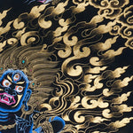 Vajrapani Thangka Painting showing a wrathful Tibetan Buddhist protector deity with multiple faces and arms, ritual implements, gold cloud patterns, flame-like details, lotus base and Himalayan landscape elements