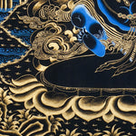 Close-up detail of Vajrapani Thangka Painting, wrathful protector holding a raised vajra within a flame aura