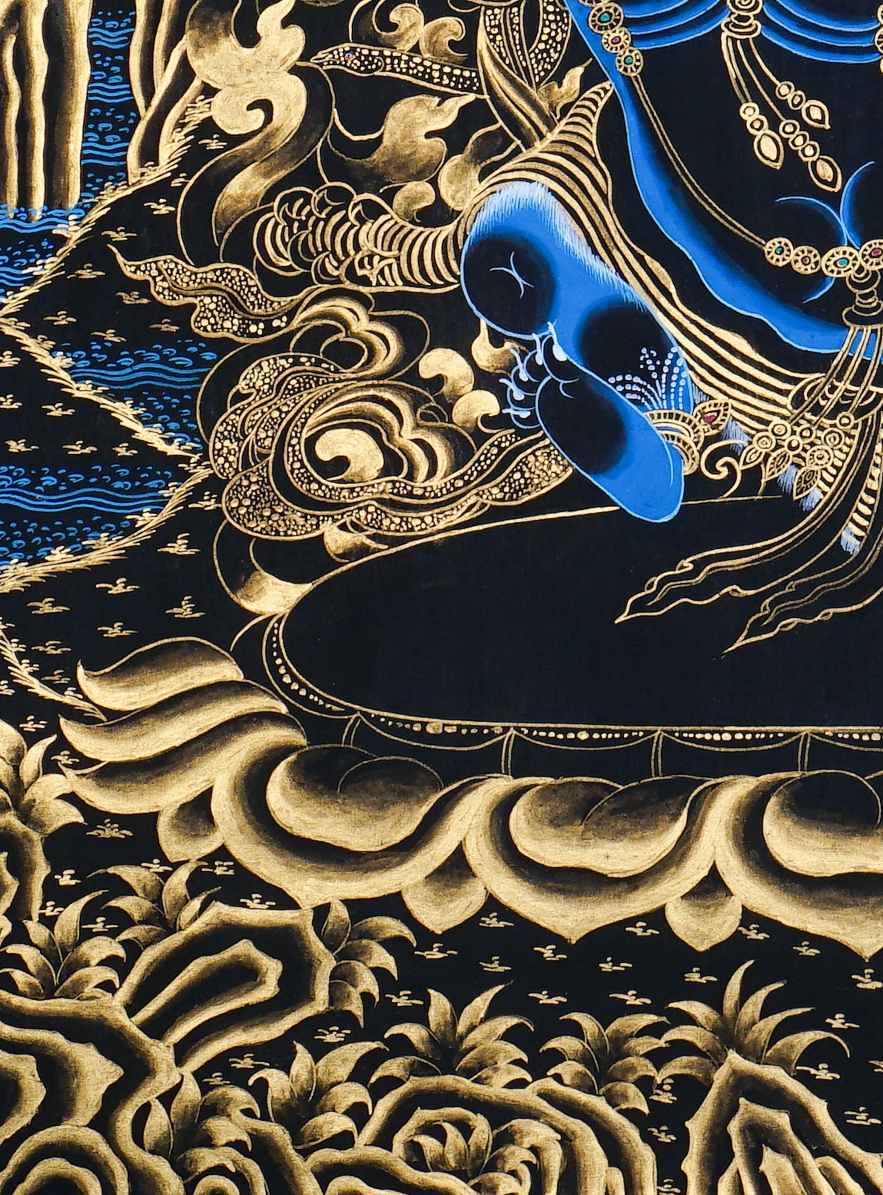 Close-up detail of Vajrapani Thangka Painting, wrathful protector holding a raised vajra within a flame aura
