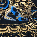 Vajrapani Thangka Painting showing a wrathful Tibetan Buddhist protector deity with multiple faces and arms, ritual implements, gold cloud patterns, flame-like details, lotus base and Himalayan landscape elements