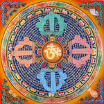 Om Mantra Mandala Thangka with Tibetan script and sacred Aum symbol from Nepal