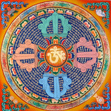 Om Mantra Mandala Thangka with Tibetan script and sacred Aum symbol from Nepal