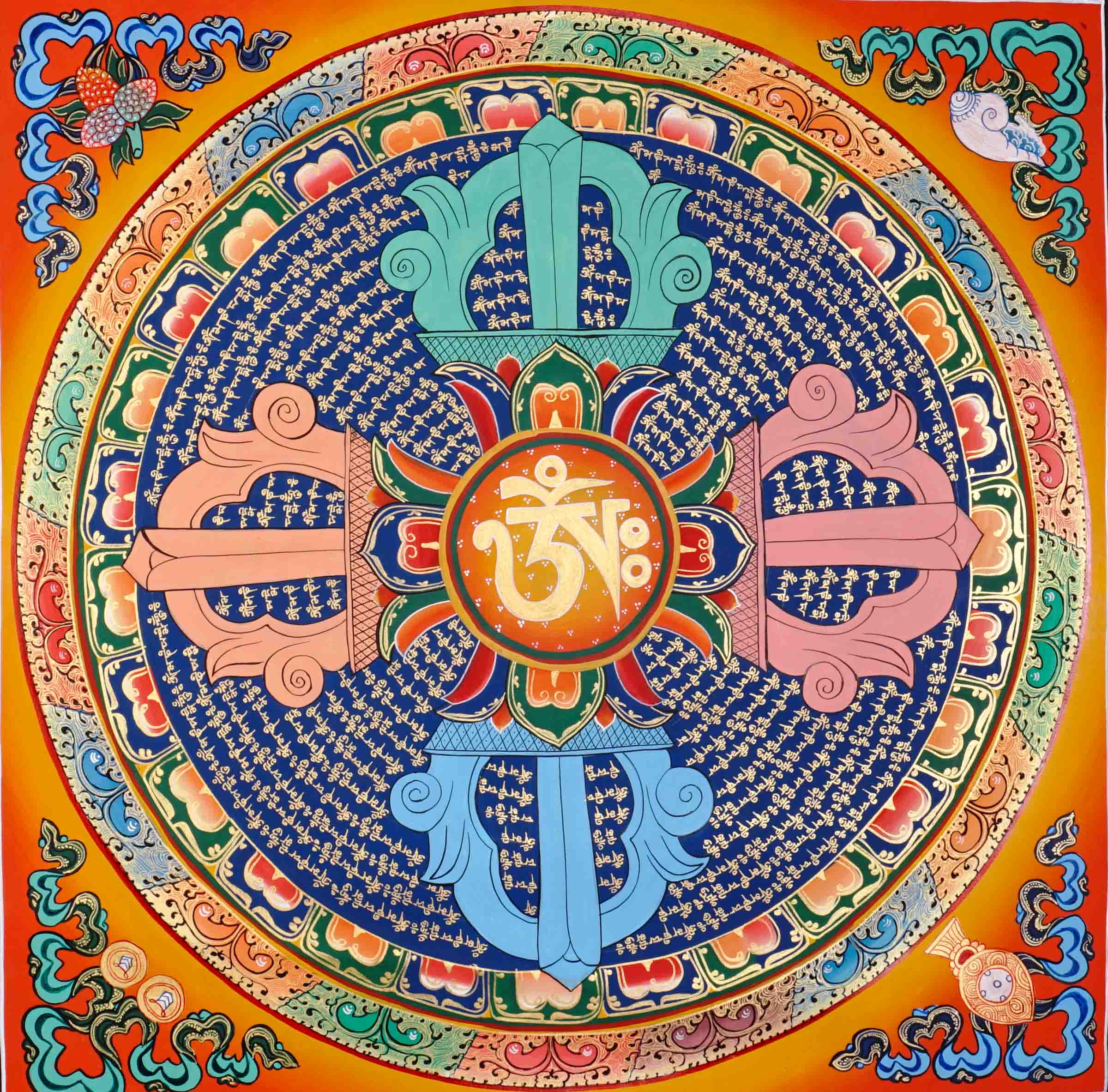 Om Mantra Mandala Thangka with Tibetan script and sacred Aum symbol from Nepal