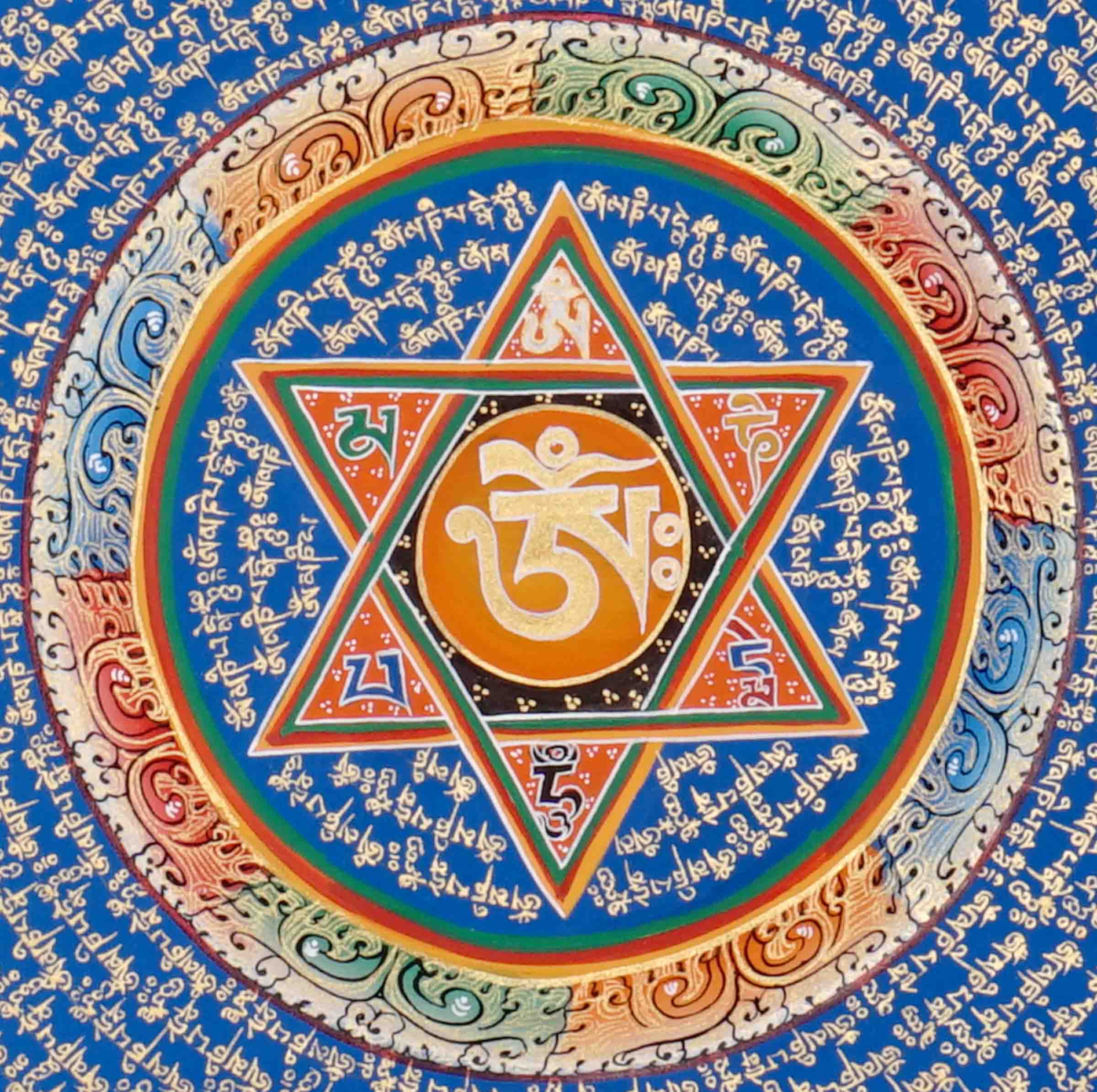 Om Star Mantra Mandala Thangka with six-pointed star and Tibetan script from Nepal