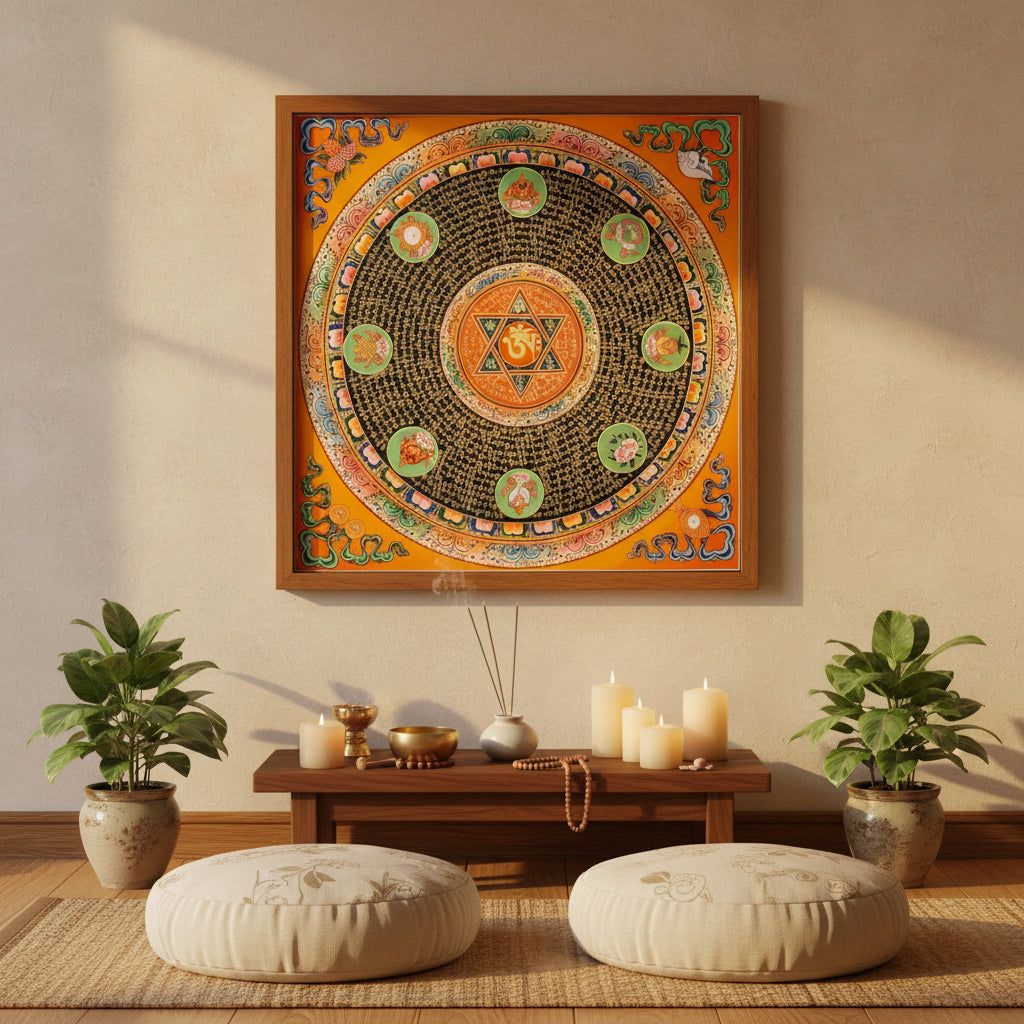 Om Star Mantra Mandala Thangka with Aum symbol and auspicious symbols from Nepal