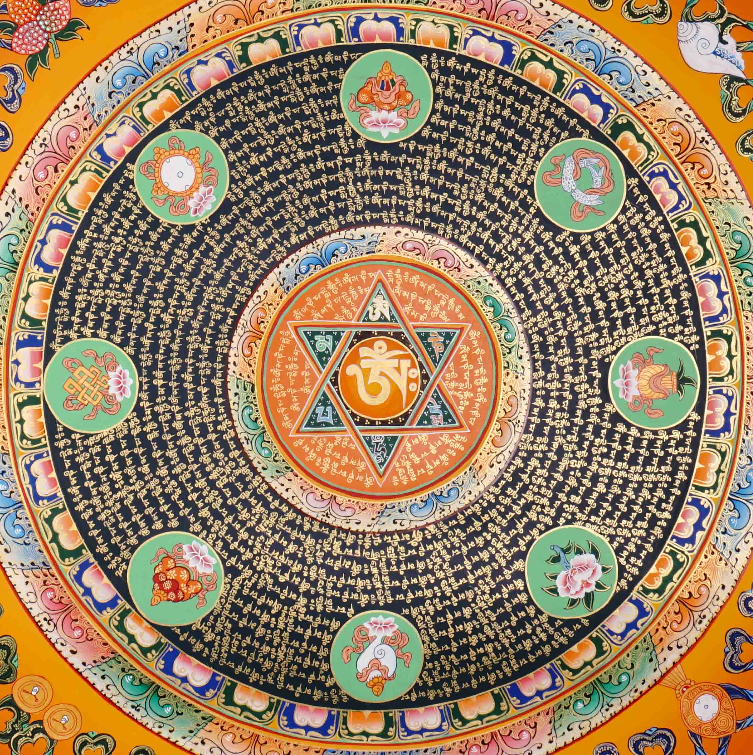 Om Star Mantra Mandala Thangka with Aum symbol and auspicious symbols from Nepal