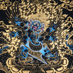 Vajrakilaya Thangka Painting showing Dorje Phurba in a wrathful multi-faced and multi-armed form with ritual implements, flame clouds, lotus base, gold detailing and Himalayan landscape elements.
