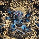 Vajrakilaya Thangka Painting showing Dorje Phurba in a wrathful multi-faced and multi-armed form with ritual implements, flame clouds, lotus base, gold detailing and Himalayan landscape elements.
