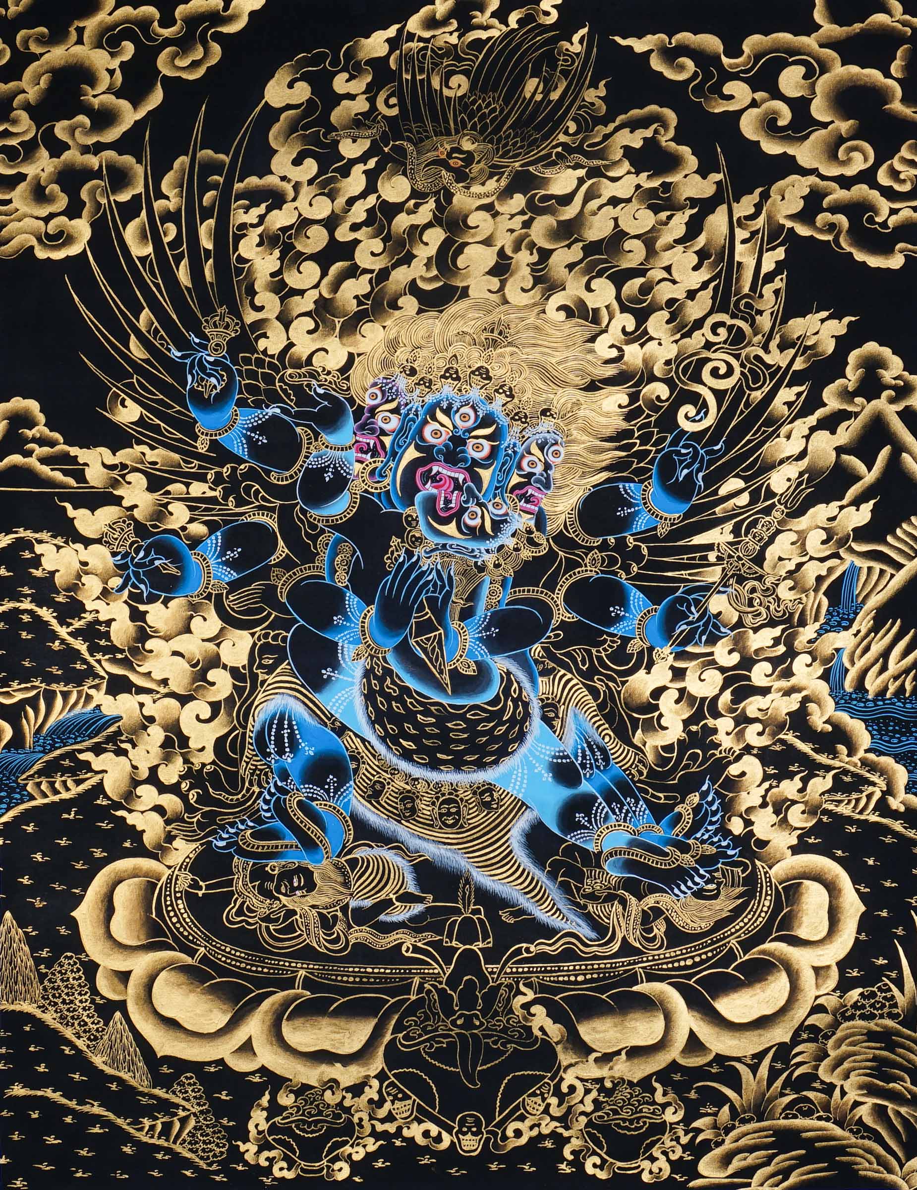 Vajrakilaya Thangka Painting showing Dorje Phurba in a wrathful multi-faced and multi-armed form with ritual implements, flame clouds, lotus base, gold detailing and Himalayan landscape elements.