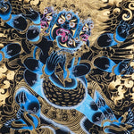Vajrakilaya Thangka Painting showing Dorje Phurba in a wrathful multi-faced and multi-armed form with ritual implements, flame clouds, lotus base, gold detailing and Himalayan landscape elements.