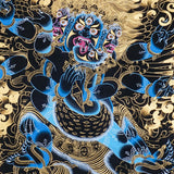 Vajrakilaya Thangka Painting showing Dorje Phurba in a wrathful multi-faced and multi-armed form with ritual implements, flame clouds, lotus base, gold detailing and Himalayan landscape elements.