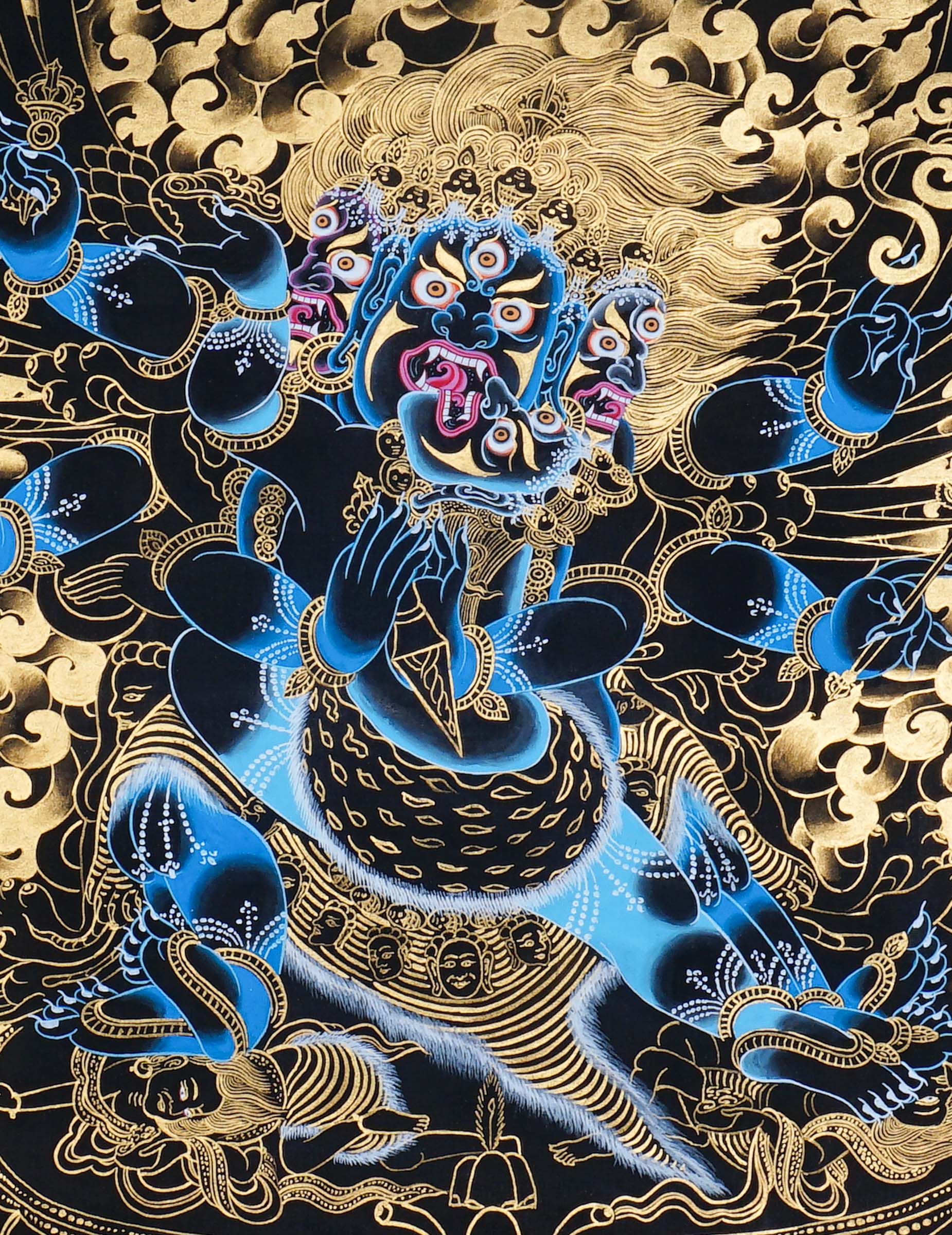 Vajrakilaya Thangka Painting showing Dorje Phurba in a wrathful multi-faced and multi-armed form with ritual implements, flame clouds, lotus base, gold detailing and Himalayan landscape elements.