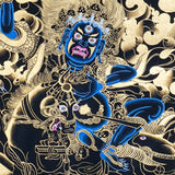 Palden Lhamo Thangka Painting showing the Tibetan Buddhist female Dharma protector riding in wrathful form with gold cloud patterns, ritual implements, lineage figures, mountain landscape and sacred Himalayan details.